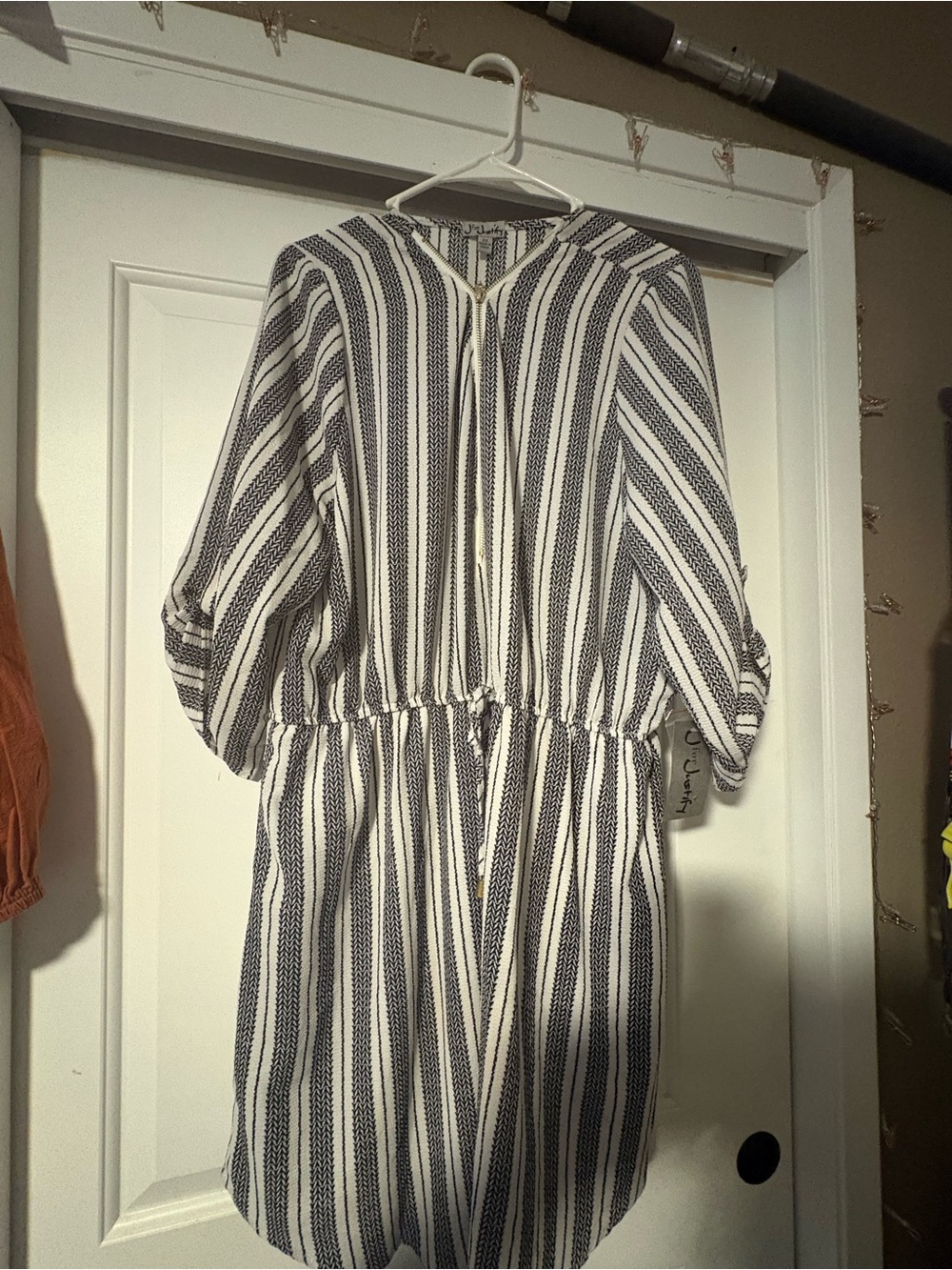 J for Justify Black & White Vertical Stripe Long Sleeve Drawstring Dress